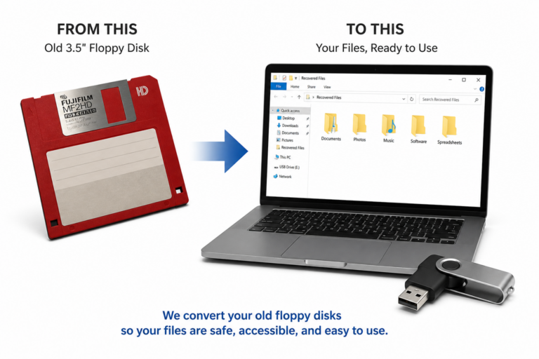 Old 3.5 inch floppy disk converted to digital files on laptop and USB drive