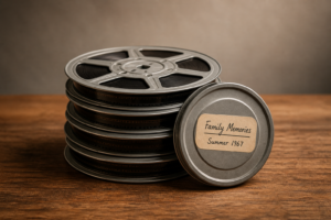 Vintage 8mm film reels labeled family memories on wooden table representing film transfer and preservation