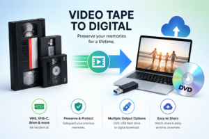 Video tape to digital transfer service converting VHS, Hi8, MiniDV tapes to DVD, USB, or digital files