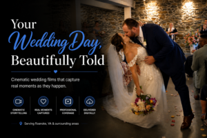 Wedding videography capturing bride and groom first kiss moment in Roanoke VA