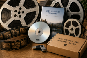 Film reels, DVD, USB drive, and box showing digital film transfer and delivery options