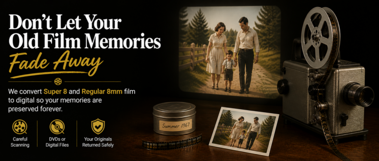 Super 8 and 8mm film transfer to digital service preserving old family memories with vintage film projector and reels
