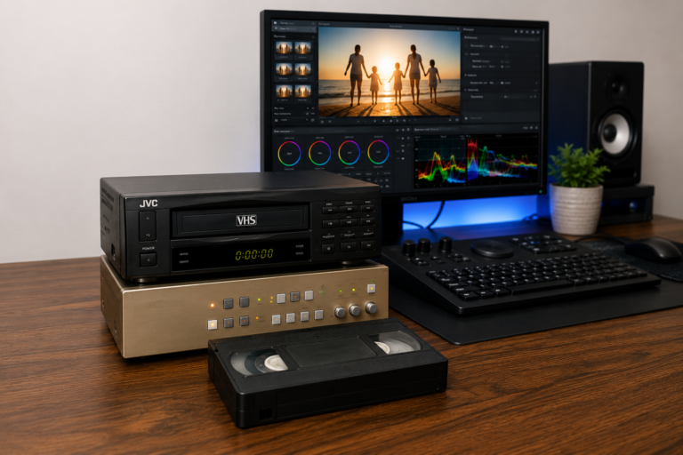 Professional VHS transfer workstation with Time Base Corrector (TBC) and video editing setup